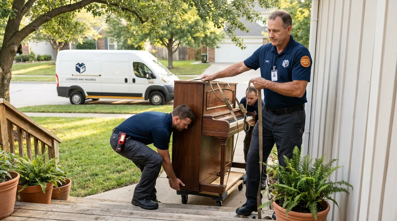 Licensed piano movers securing grand piano in Carolina Beach, NC