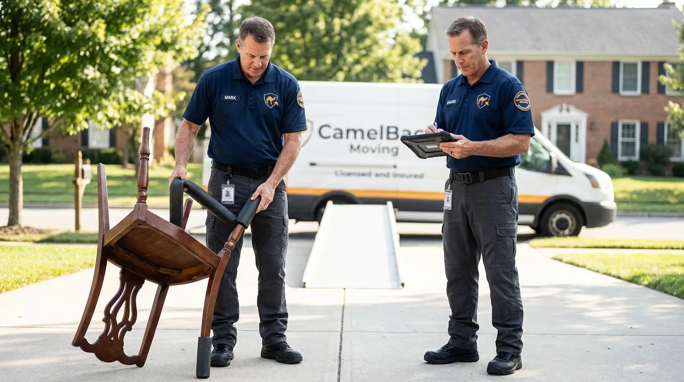 Movers inspecting furniture for damage prevention before loading in Carolina Beach, NC