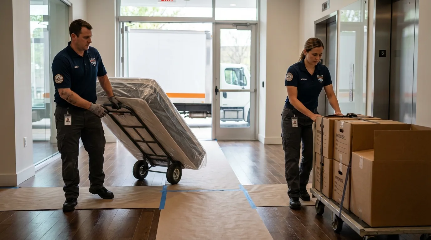 Professional apartment movers loading elevator in Carolina Beach, NC